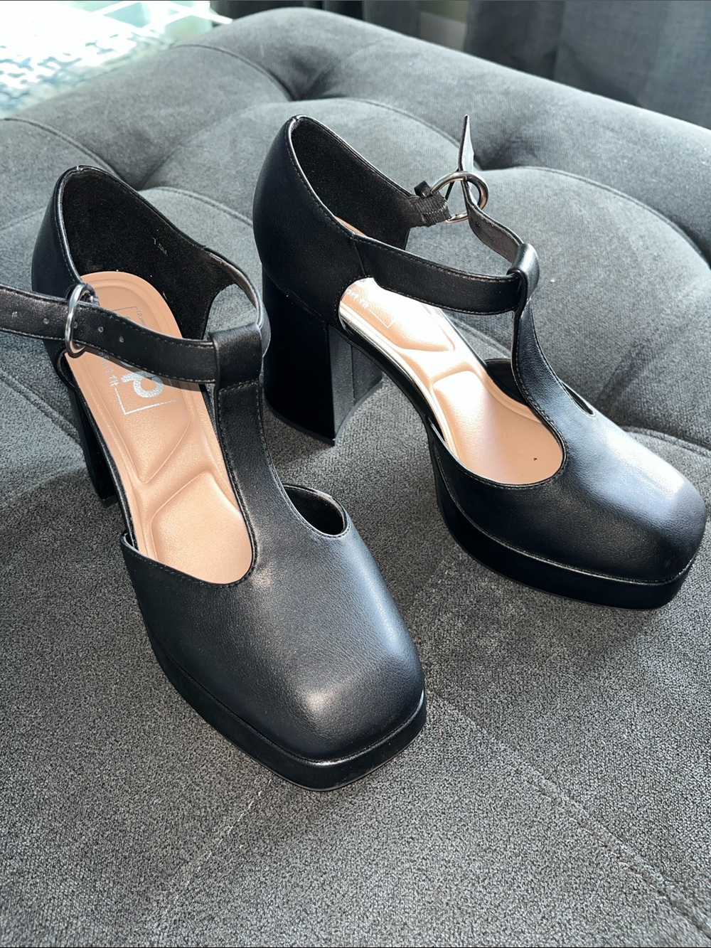 Black T-Strap Block Heel Pumps
